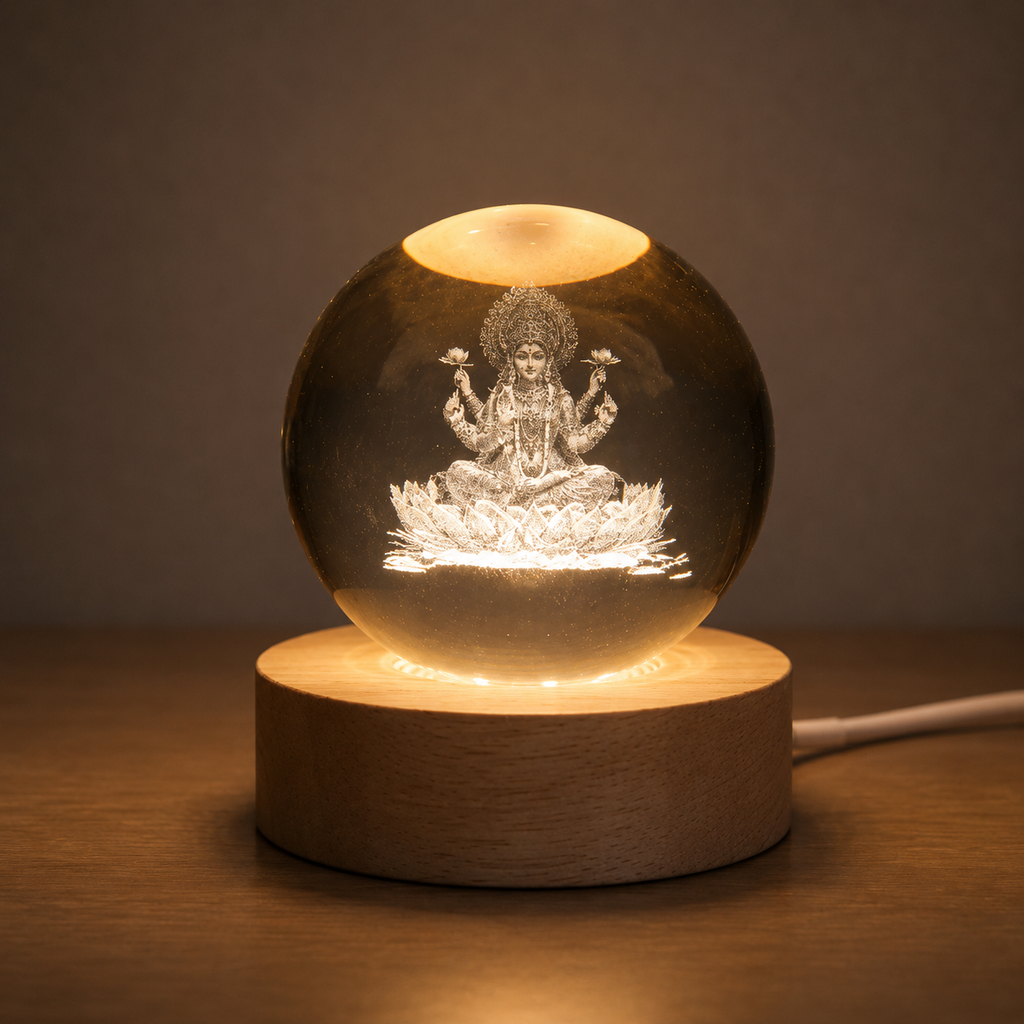 3d Crystal Lakshmi Ball Led Night Lamp With Wooden Base