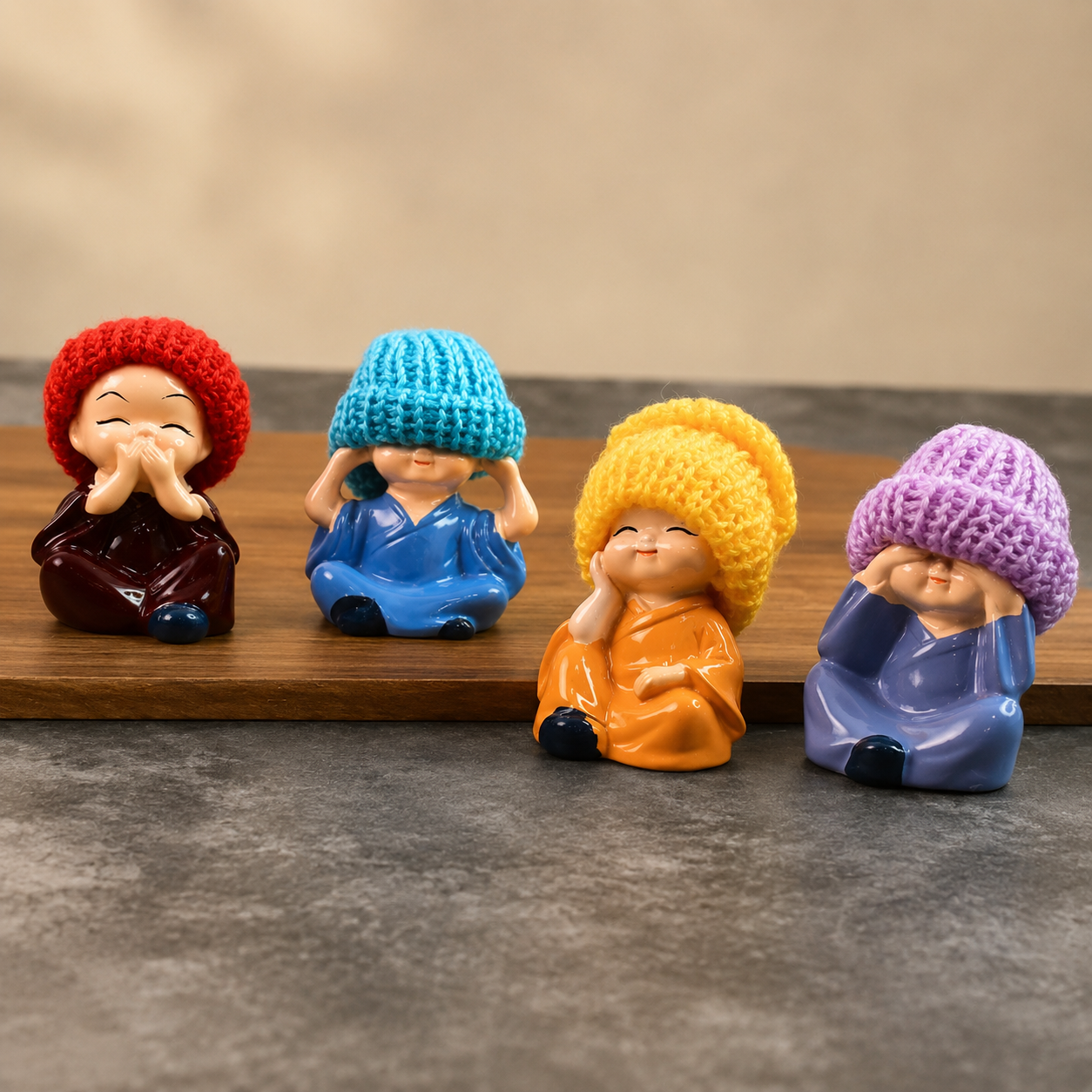 Decorative Resin Monk Buddha Showpiece Set Of 4 With Traditional Straw Hats
